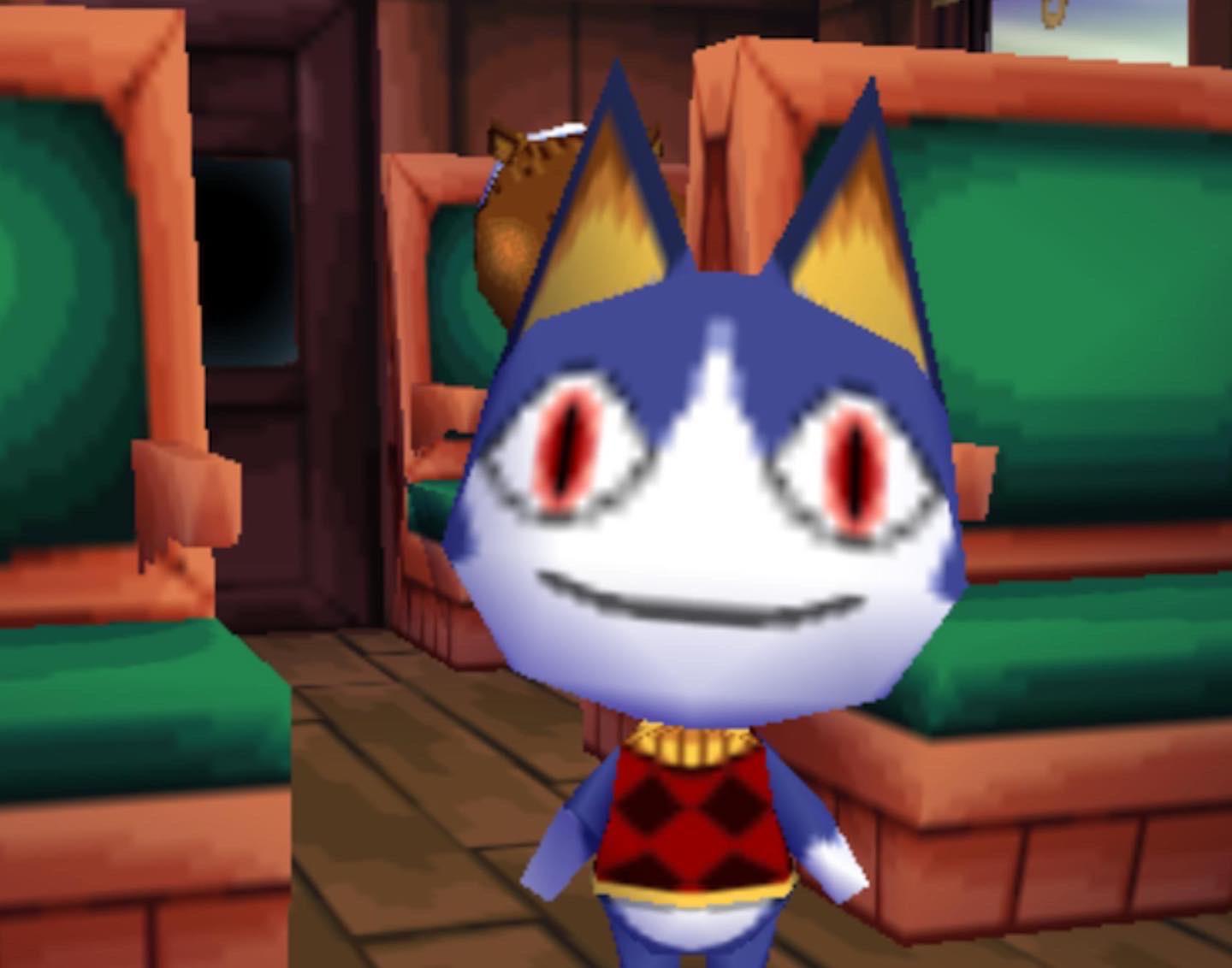 Rover from Animal Crossing: Population Growing on the train, about to sit down. Rover is a blue cat.